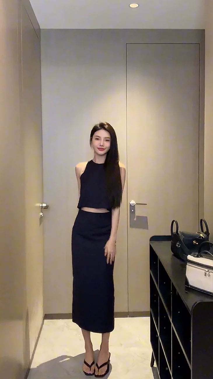 Sleeveless Short High Waist Slit Skirt Casual Vest