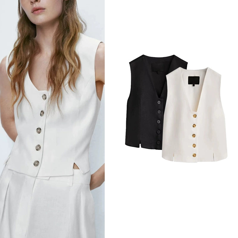 MD Summer New Arrival Single-Breasted V Neck Sleeveless Outwear Leisure Commute Short Suit Vest 6025571