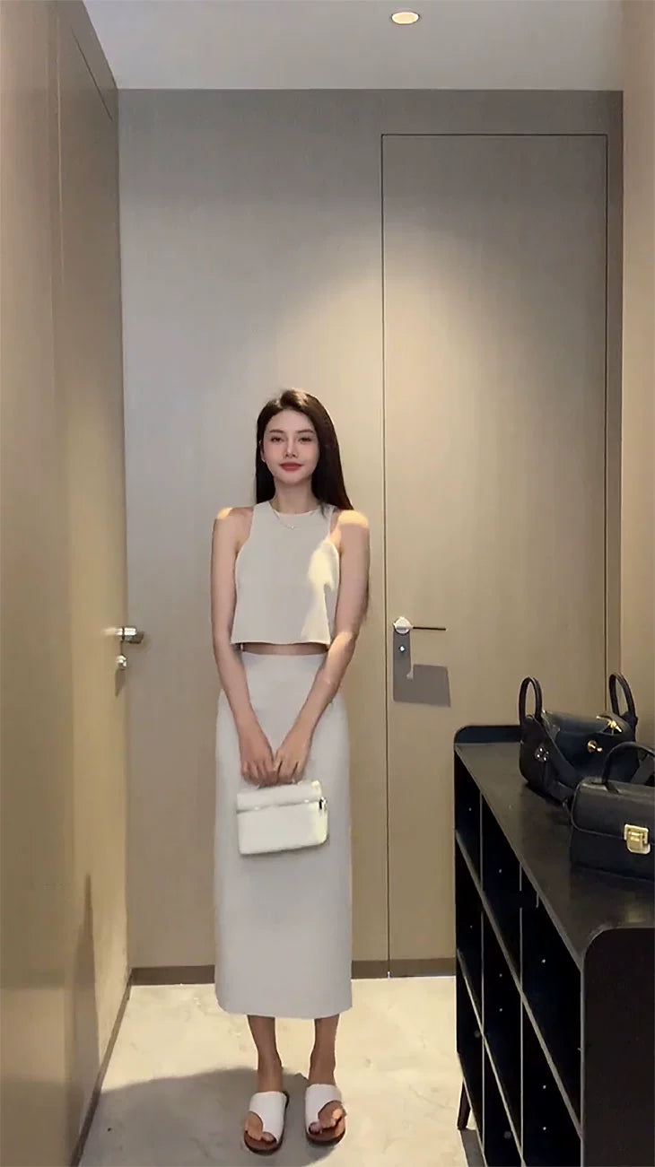 Sleeveless Short High Waist Slit Skirt Casual Vest