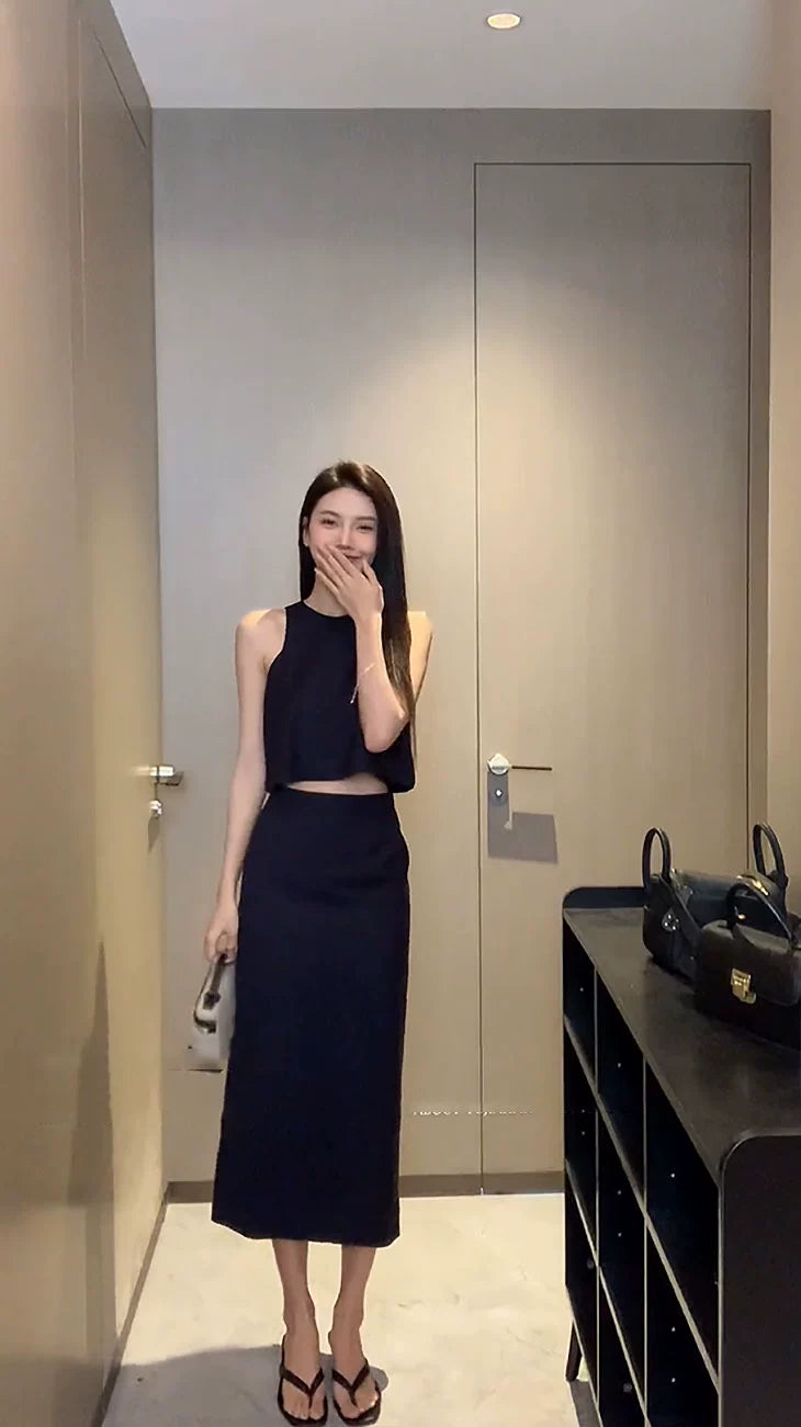 Sleeveless Short High Waist Slit Skirt Casual Vest