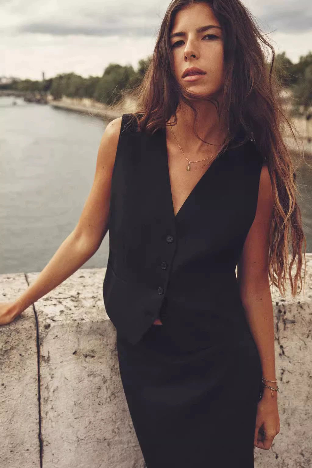 Za New Fall Women's Clothing Sleeveless V Neck Linen Vest Jacket High Waist Midi Dress 7828967 7839967