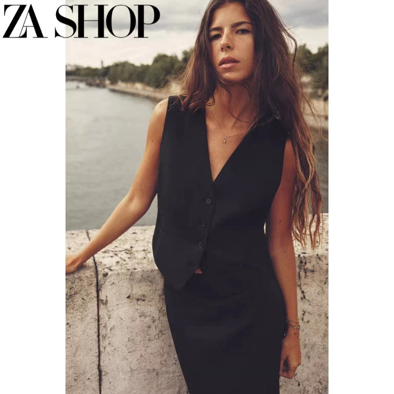 Za New Fall Women's Clothing Sleeveless V Neck Linen Vest Jacket High Waist Midi Dress 7828967 7839967