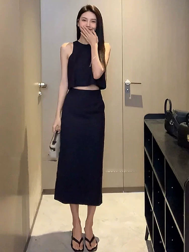 Sleeveless Short High Waist Slit Skirt Casual Vest