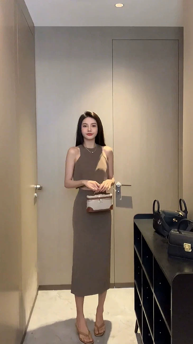 Sleeveless Short High Waist Slit Skirt Casual Vest