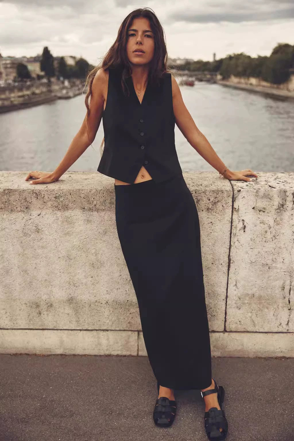 Za New Fall Women's Clothing Sleeveless V Neck Linen Vest Jacket High Waist Midi Dress 7828967 7839967