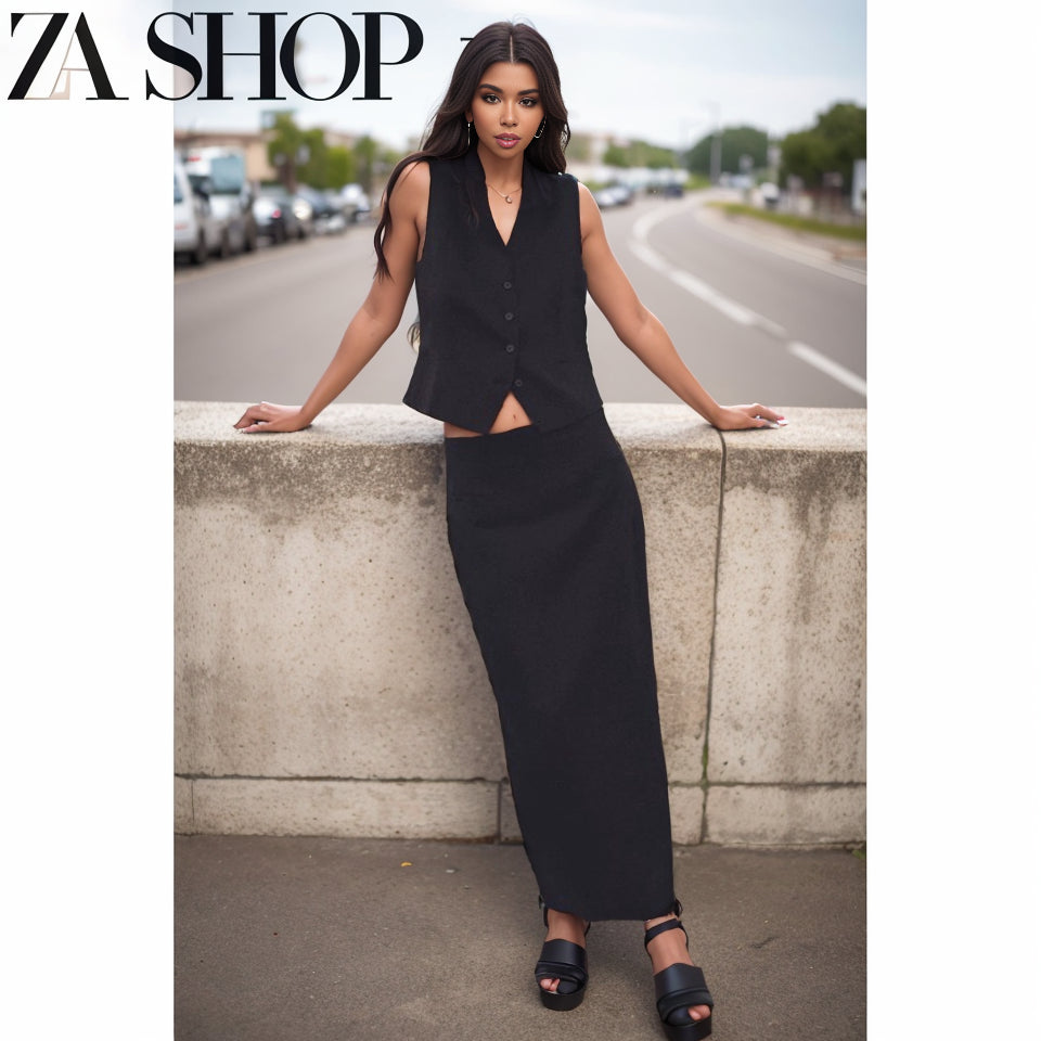 Za New Fall Women's Clothing Sleeveless V Neck Linen Vest Jacket High Waist Midi Dress 7828967 7839967