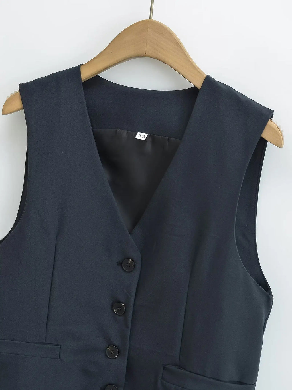 TRAFZA Casual Office Lady Blazer Women Solid V Neck Pockets Sleeveless Single Breasted Long Jacket Fashion 2024 Spring Coats