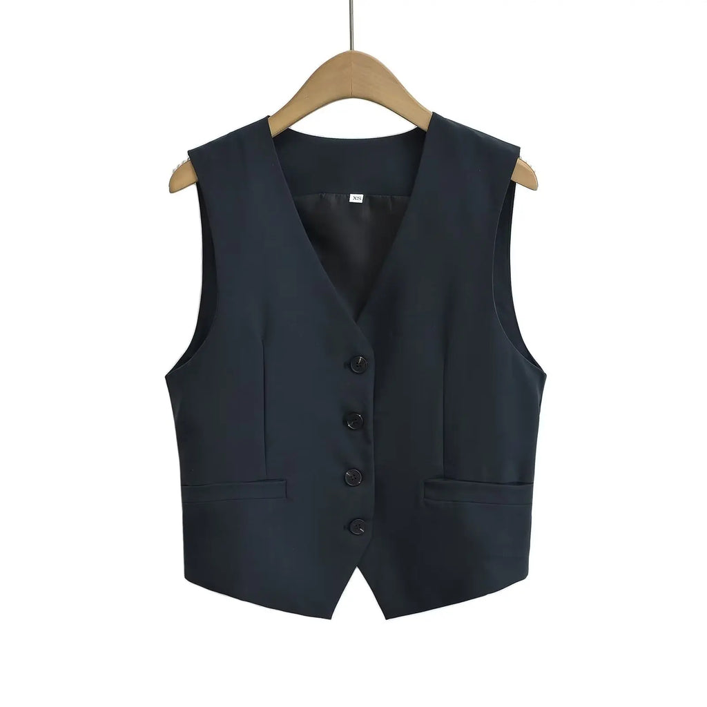 TRAFZA Casual Office Lady Blazer Women Solid V Neck Pockets Sleeveless Single Breasted Long Jacket Fashion 2024 Spring Coats