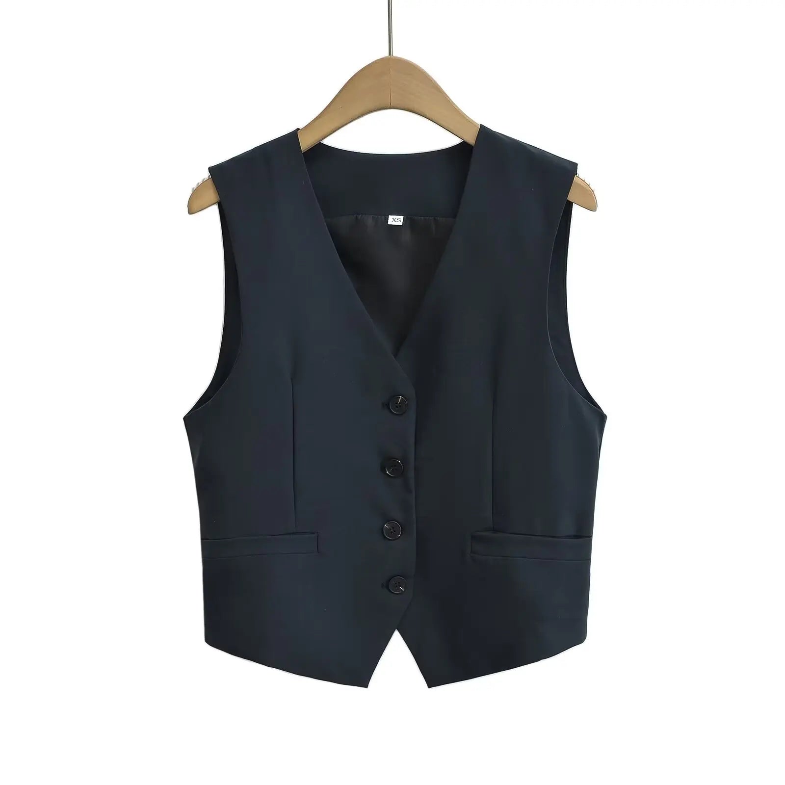 TRAFZA Casual Office Lady Blazer Women Solid V Neck Pockets Sleeveless Single Breasted Long Jacket Fashion 2024 Spring Coats