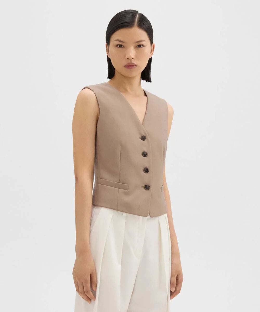 Th*e0ry Women Vest Jacket Wool V-Neck Sleeveless Buttons Solid Color Casual Office Lady Tops Elegant Luxury Single Breated
