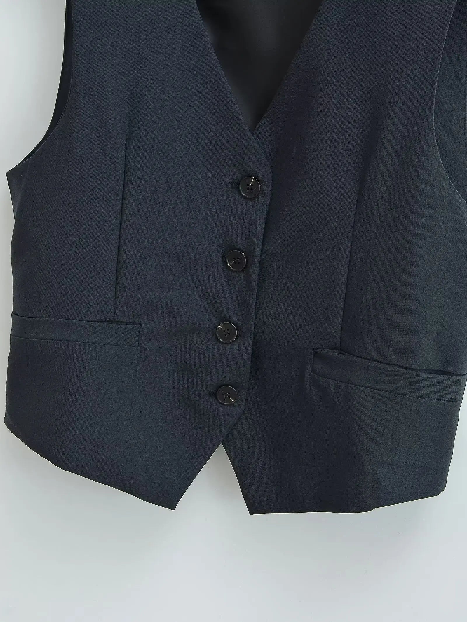 TRAFZA Casual Office Lady Blazer Women Solid V Neck Pockets Sleeveless Single Breasted Long Jacket Fashion 2024 Spring Coats