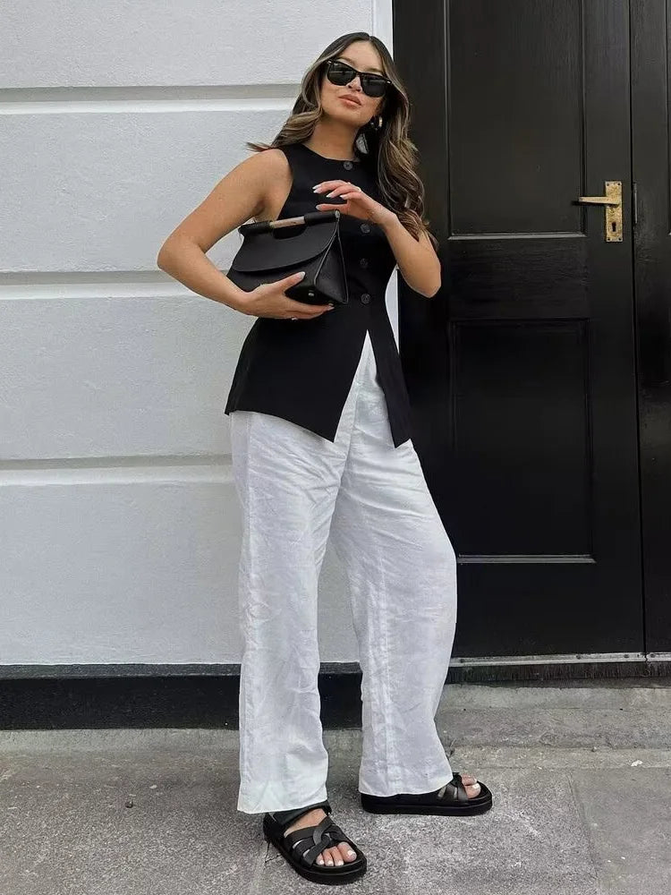 Y2K TRAF 2024 Summer Women's Suit O-Neck Long Vest Mini Shorts Sets for Women 2 Pieces Elegant Outfit Lady Shorts Two-piece Set