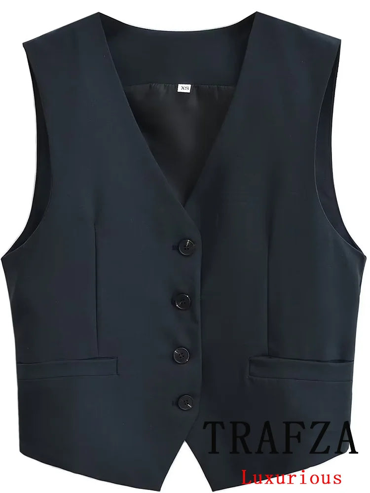 TRAFZA Casual Office Lady Blazer Women Solid V Neck Pockets Sleeveless Single Breasted Long Jacket Fashion 2024 Spring Coats