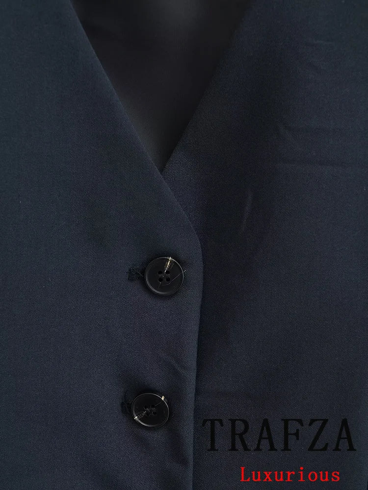 TRAFZA Casual Office Lady Blazer Women Solid V Neck Pockets Sleeveless Single Breasted Long Jacket Fashion 2024 Spring Coats