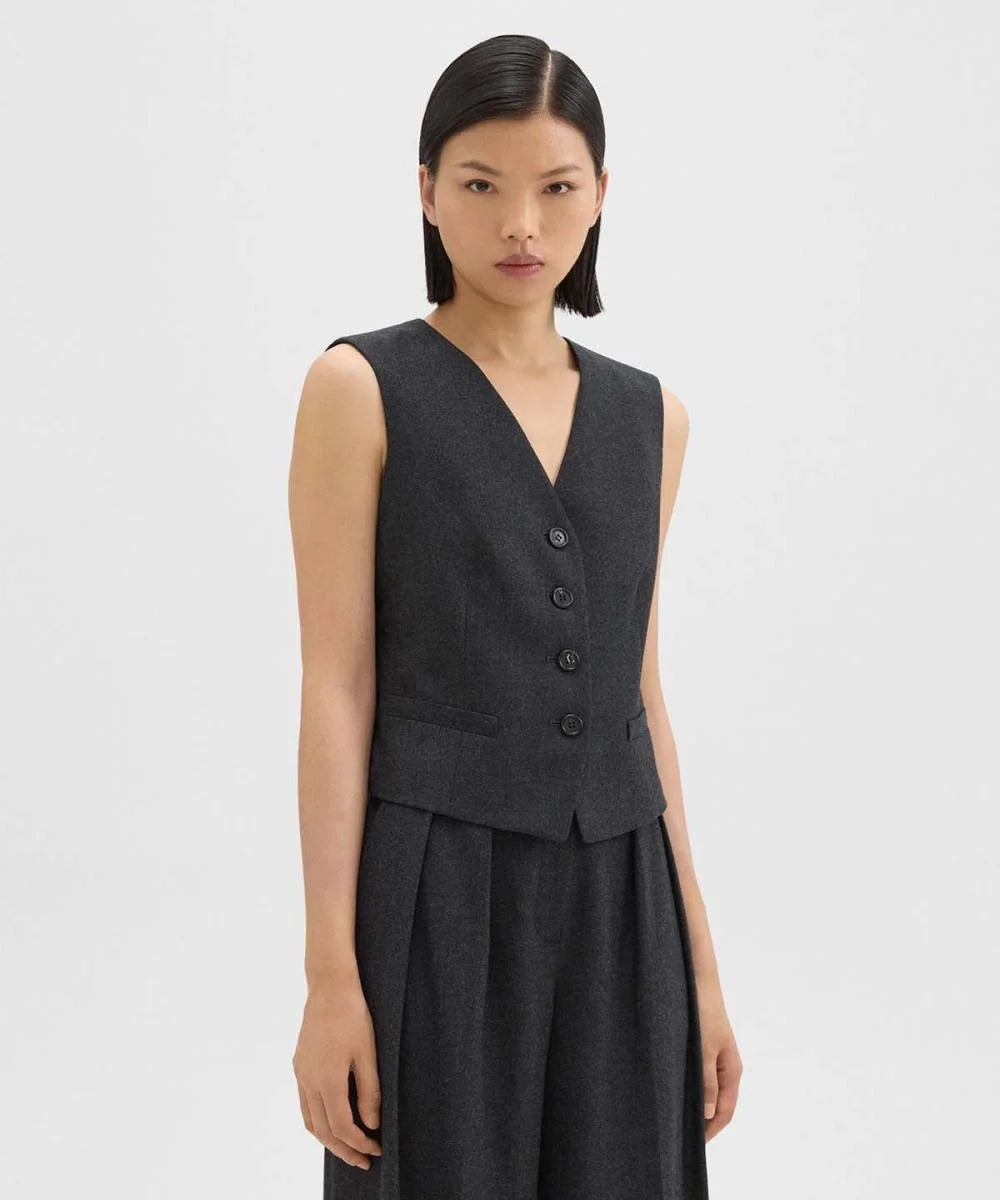 Th*e0ry Women Vest Jacket Wool V-Neck Sleeveless Buttons Solid Color Casual Office Lady Tops Elegant Luxury Single Breated