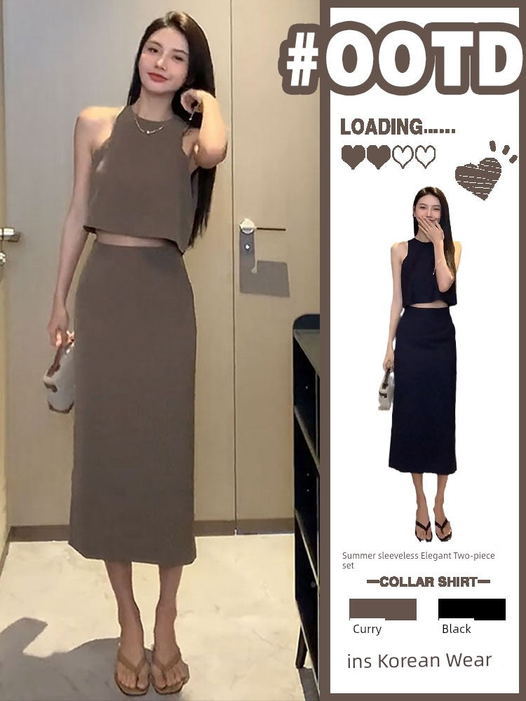 Sleeveless Short High Waist Slit Skirt Casual Vest