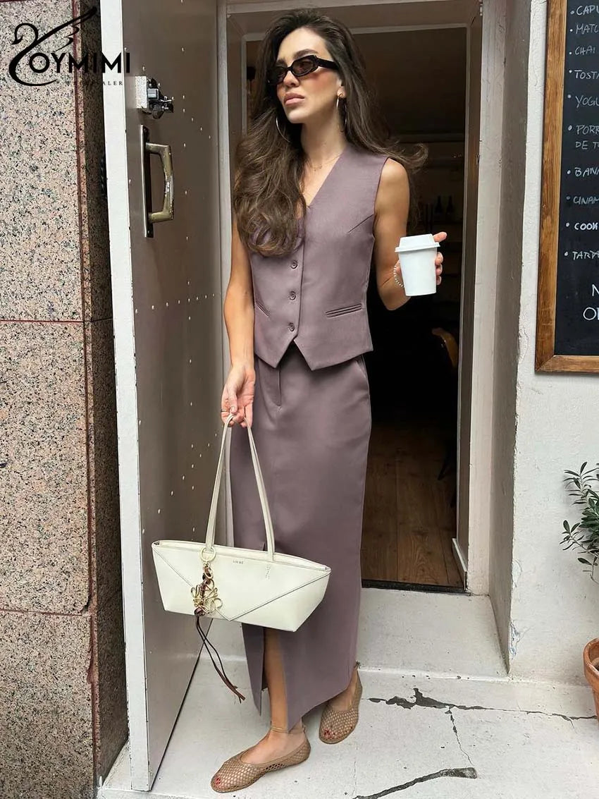 Oymimi Casual Purple Two Piece Set For Women Fashion V-Neck Sleeveless Tank Tops And Pockets Straight Ankle-Length Skirts Sets