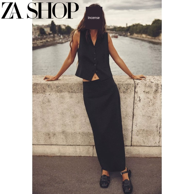 Za New Fall Women's Clothing Sleeveless V Neck Linen Vest Jacket High Waist Midi Dress 7828967 7839967