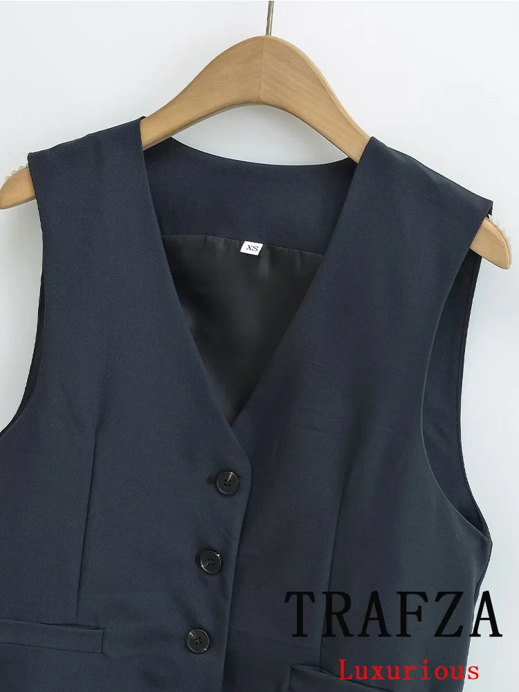 TRAFZA Casual Office Lady Blazer Women Solid V Neck Pockets Sleeveless Single Breasted Long Jacket Fashion 2024 Spring Coats