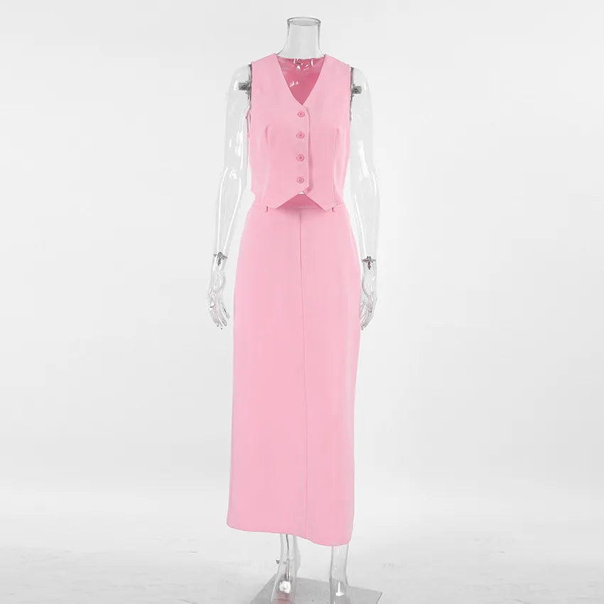Fashionable Casual Two Piece Skirt Set Sleeveless Vest Short Top+Split Waist Skirt Autumn Two-piece Outfit For Women