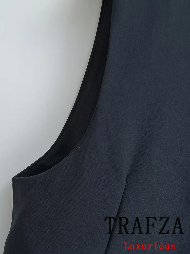 TRAFZA Casual Office Lady Blazer Women Solid V Neck Pockets Sleeveless Single Breasted Long Jacket Fashion 2024 Spring Coats